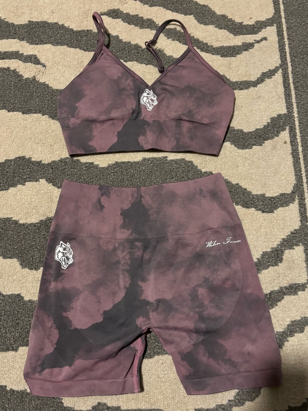 Darc Sport Purple Black Acid Wash Set Sports Bra and High Waisted Shorts Medium